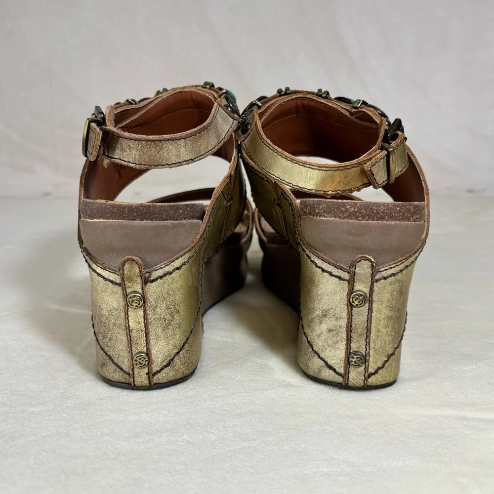 OTBT Women’s Layover Wedge Sandals Gold With Turquoise Accents Size 9